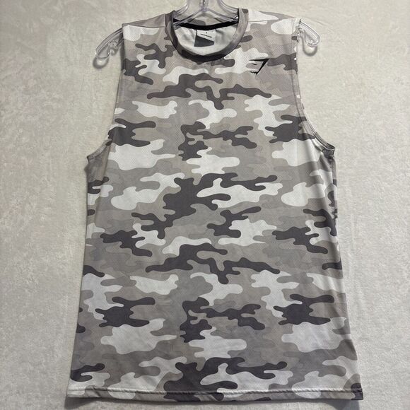 Gymshark Arrival Sleeveless T Shirt Men's Small Gray Camo Muscle Fitness Gym - Picture 1 of 16
